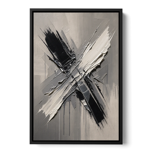 Crossed Black and White Knife Strokes for the Executive Office - Black Framed Canvas Wall Art - Front