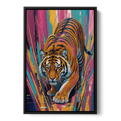 Crouching Tiger in Magenta and Teal Strokes - Black Framed Canvas Wall Art - Front