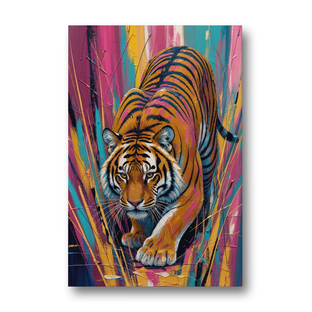 Crouching Tiger in Magenta and Teal Strokes - Canvas Wall Art - Front