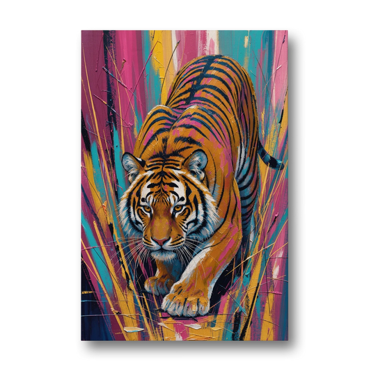 Crouching Tiger in Magenta and Teal Strokes - Canvas Wall Art - Front