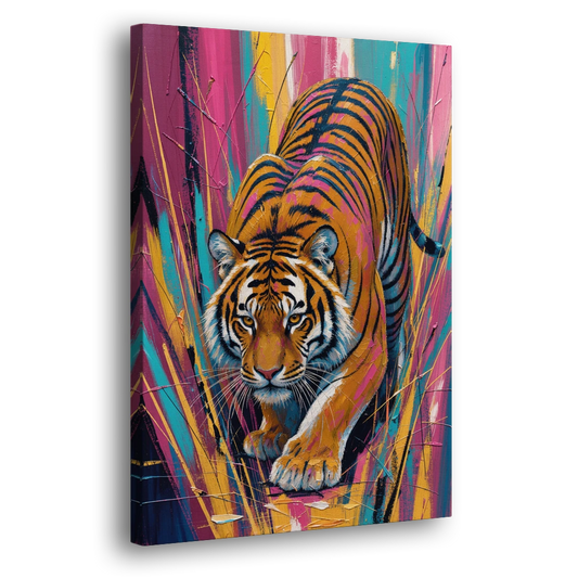 Crouching Tiger in Magenta and Teal Strokes - Canvas Wall Art - Side