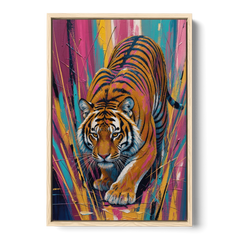 Crouching Tiger in Magenta and Teal Strokes - Oak Framed Canvas Wall Art - Front