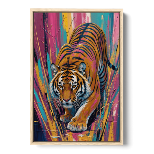 Crouching Tiger in Magenta and Teal Strokes - Oak Framed Canvas Wall Art - Front