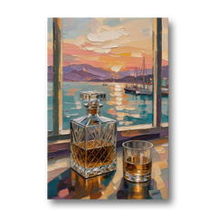 Crystal Whiskey Decanter at Harbor Sunset for the Home Bar - Canvas Wall Art - Front