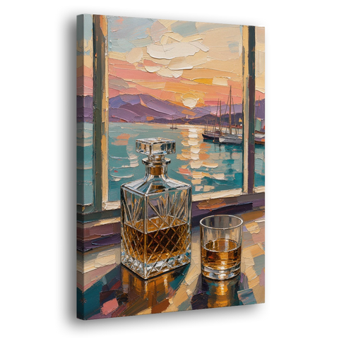 Crystal Whiskey Decanter at Harbor Sunset for the Home Bar - Canvas Wall Art - Side