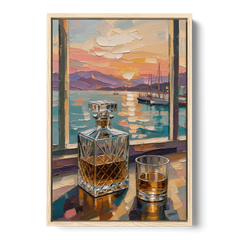 Crystal Whiskey Decanter at Harbor Sunset for the Home Bar - Oak Framed Canvas Wall Art - Front
