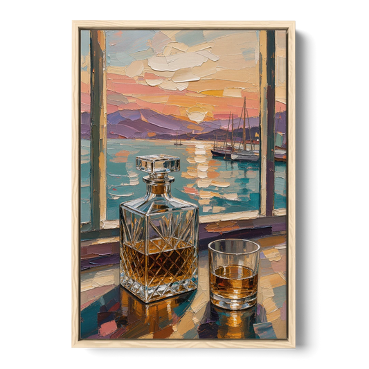 Crystal Whiskey Decanter at Harbor Sunset for the Home Bar - Oak Framed Canvas Wall Art - Front
