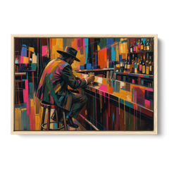 Cubism Wall Art of a Lone Whiskey Drinker - Oak Framed Canvas Wall Art - Front