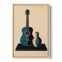 Cubist Still Life Painting of Guitar and Vase - Oak Framed Canvas Wall Art - Front
