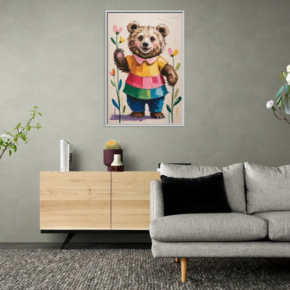 Cuddly Bear Nursery Rhyme - Living Room White Frame Canvas