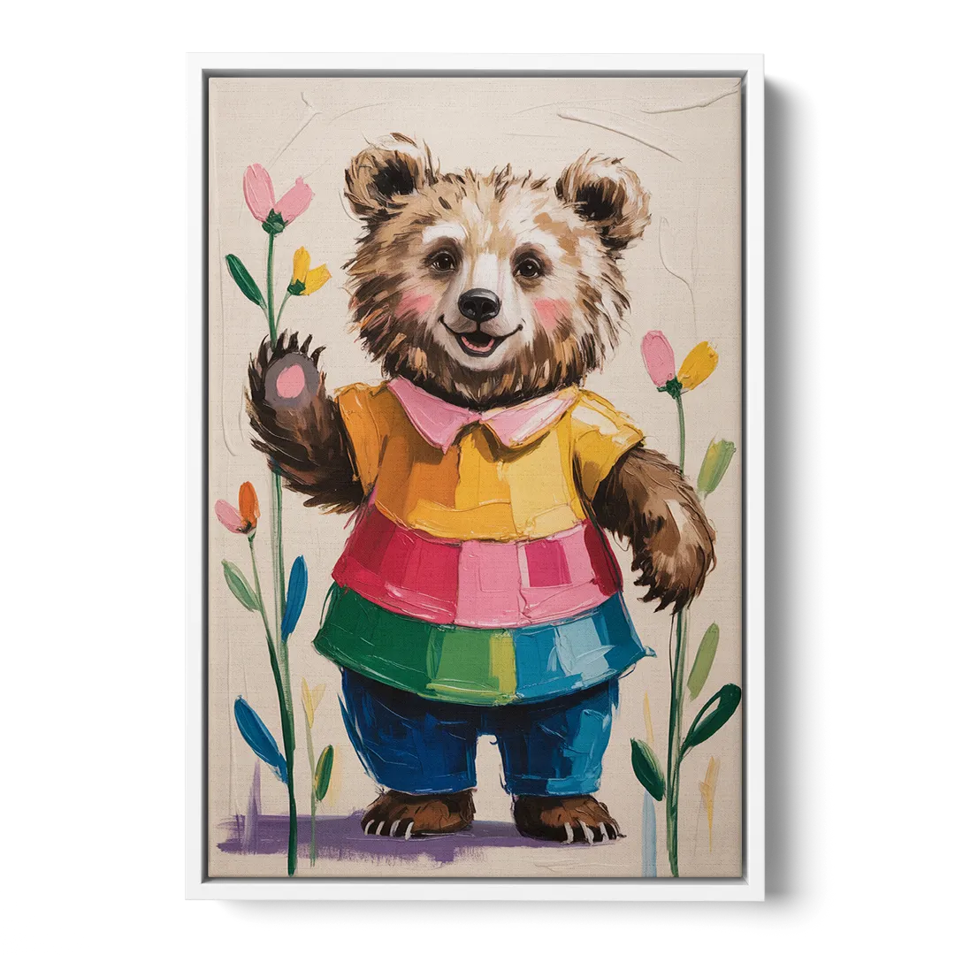 Cuddly Bear Nursery Rhyme - White Frame Canvas