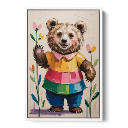 Cuddly Bear Nursery Rhyme - White Frame Canvas