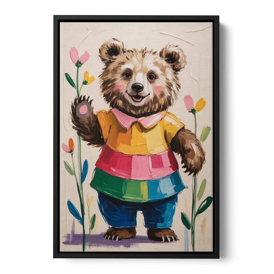 Cuddly Bear Nursery Rhyme Front - Black Canvas Wall Art