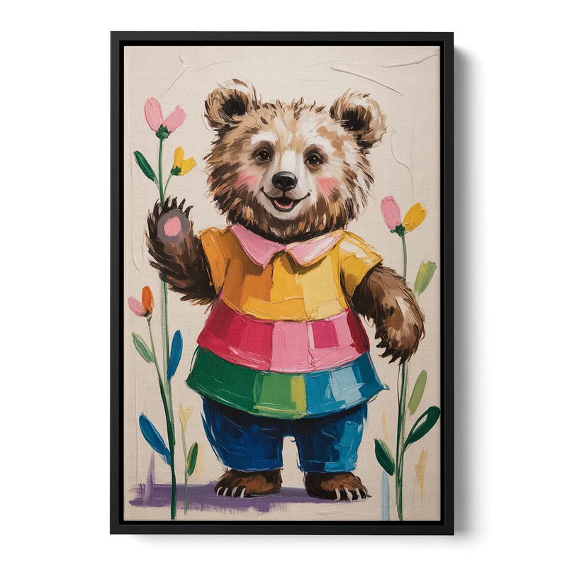 Cuddly Bear Nursery Rhyme Front - Black Canvas Wall Art