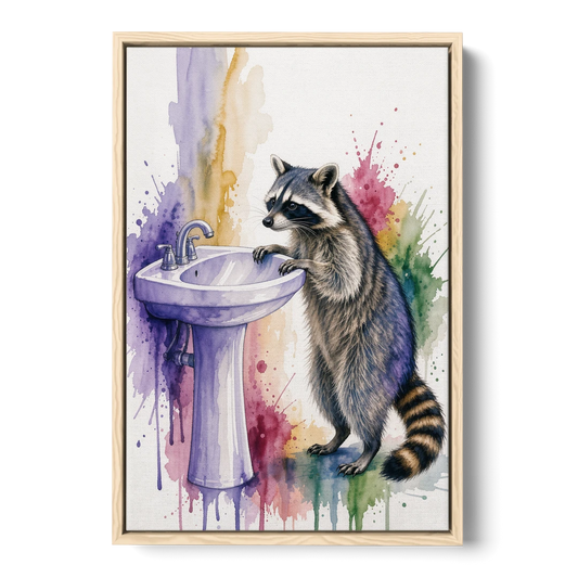 Curious Raccoon at the Pedestal Sink - Oak Framed Canvas Wall Art - Front