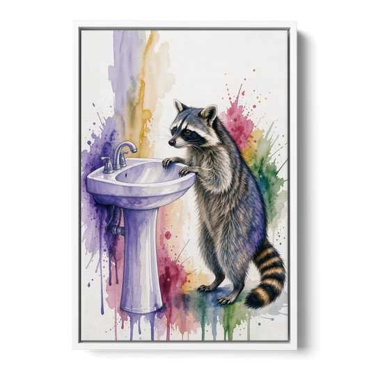 Curious Raccoon at the Pedestal Sink - White Framed Canvas Wall Art - Front