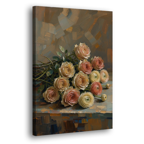 Cut Roses and Ranunculus on a Dark Ledge - Canvas Wall Art - Side
