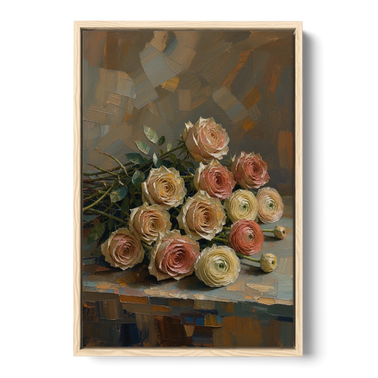 Cut Roses and Ranunculus on a Dark Ledge - Oak Framed Canvas Wall Art - Front