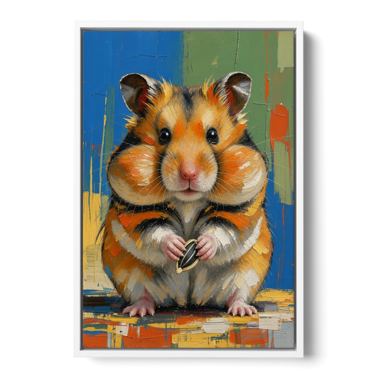 Cute Animal Wall Art of a Stuffed Cheek Hamster - White Framed Canvas Wall Art - Front