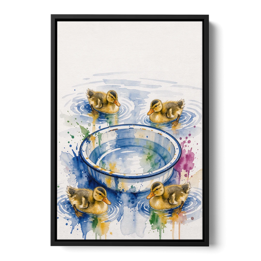 Cute Bathroom Wall Art of Ducklings Around a Washtub - Black Framed Canvas Wall Art - Front