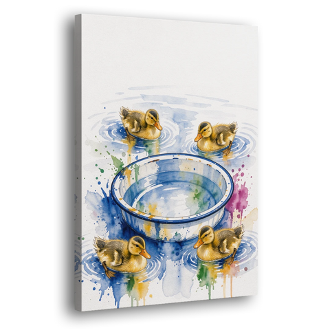 Cute Bathroom Wall Art of Ducklings Around a Washtub - Canvas Wall Art - Side