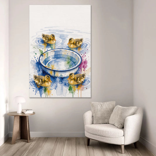 Cute Bathroom Wall Art of Ducklings Around a Washtub - Canvas Wall Art - Sofa - 40x60