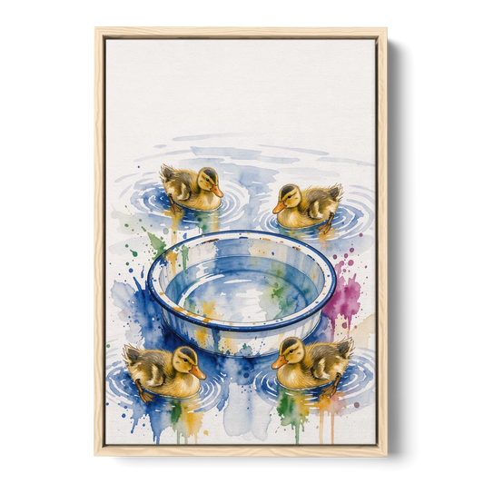 Cute Bathroom Wall Art of Ducklings Around a Washtub - Oak Framed Canvas Wall Art - Front