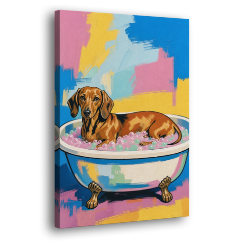 Dachshund Bathroom Decor Stretched Out in Bubbles - Canvas Wall Art - Side