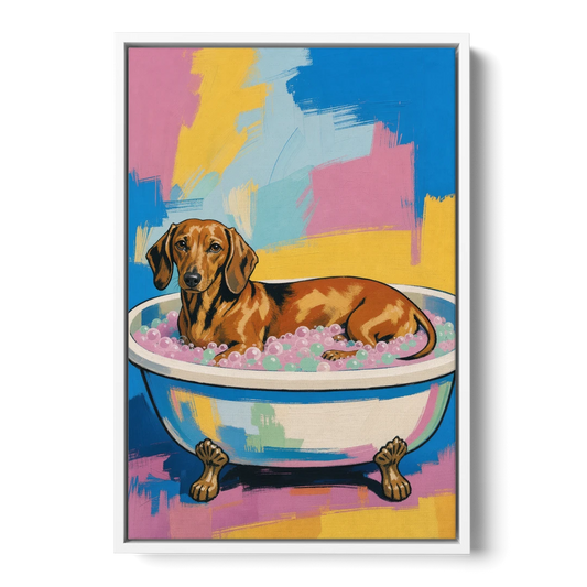 Dachshund Bathroom Decor Stretched Out in Bubbles - White Framed Canvas Wall Art - Front