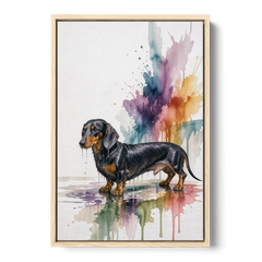 Dachshund Bathroom Wall Art Fresh from the Bath - Oak Framed Canvas Wall Art - Front