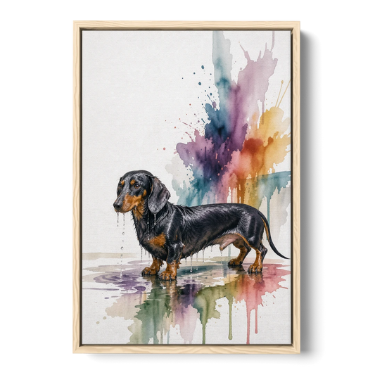 Dachshund Bathroom Wall Art Fresh from the Bath - Oak Framed Canvas Wall Art - Front