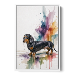 Dachshund Bathroom Wall Art Fresh from the Bath - White Framed Canvas Wall Art - Front