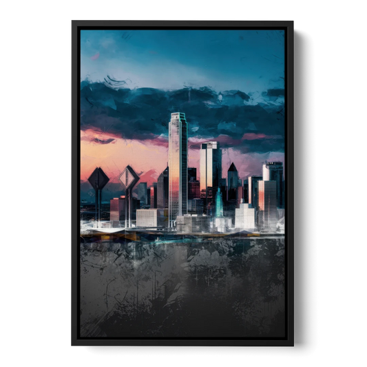 Dallas Cityscape Panorama - Black Framed Canvas Wall Art - Front