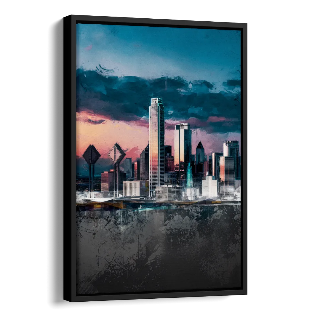Dallas Cityscape Panorama Side - Black Canvas Wall Art