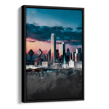 Dallas Cityscape Panorama Side - Black Canvas Wall Art