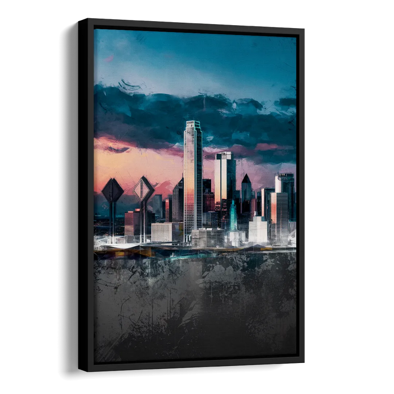 Dallas Cityscape Panorama Side - Black Canvas Wall Art