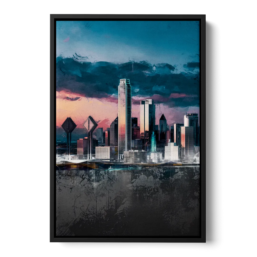 Dallas Cityscape Panorama Front - Black Canvas Wall Art