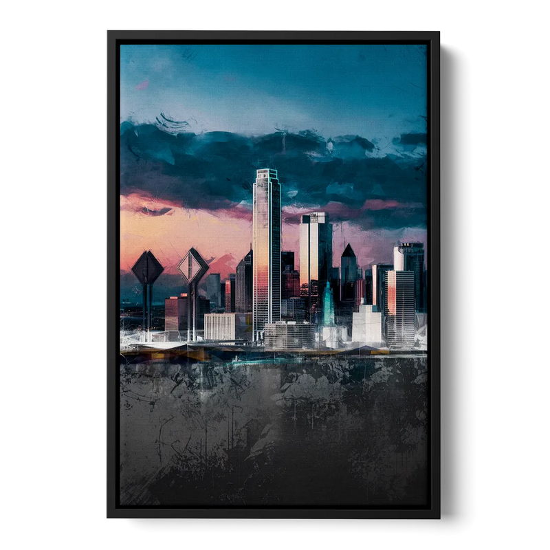 Dallas Cityscape Panorama Front - Black Canvas Wall Art