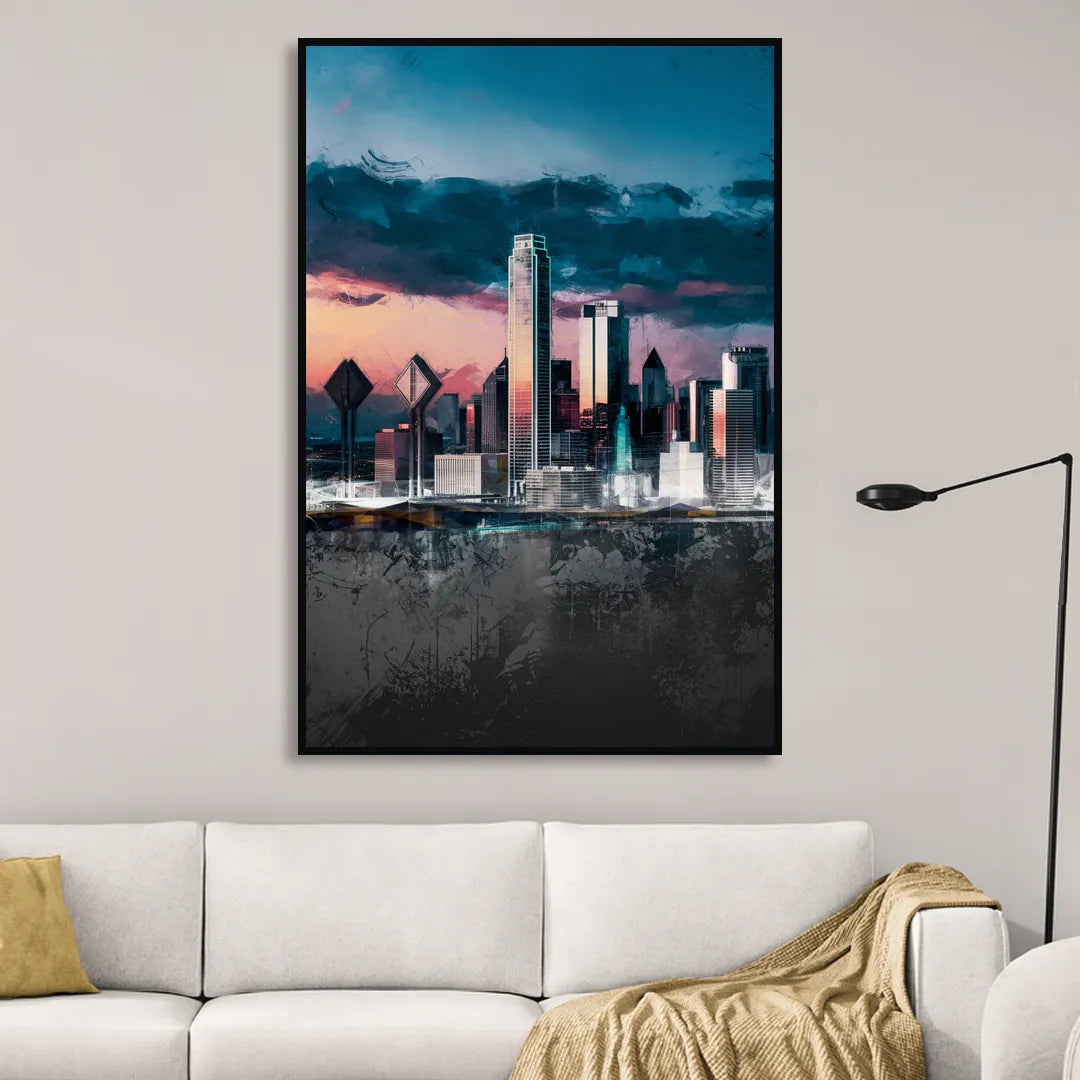 Dallas Cityscape Panorama Sitting Room - Black Canvas Wall Art