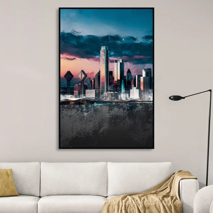 Dallas Cityscape Panorama Sitting Room - Black Canvas Wall Art