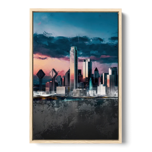 Dallas Cityscape Panorama - Oak Framed Canvas Wall Art - Front