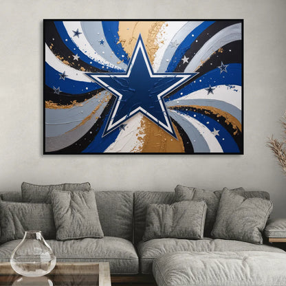 Dallas Cowboys Abstraction Energetic Team Spirit in Blue  Silver Sitting Room - Black Canvas Wall Art
