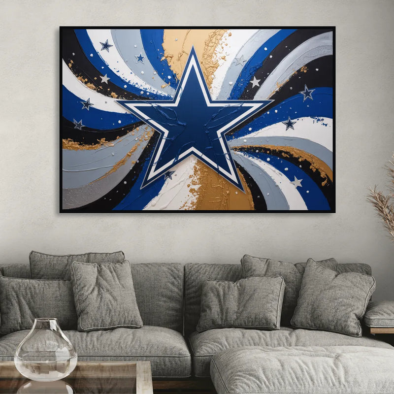 Dallas Cowboys Abstraction Energetic Team Spirit in Blue  Silver Sitting Room - Black Canvas Wall Art