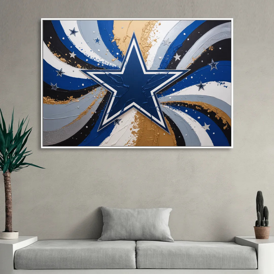 Dallas Cowboys Abstraction Energetic Team Spirit in Blue  Silver Living Room - White Canvas Wall Art