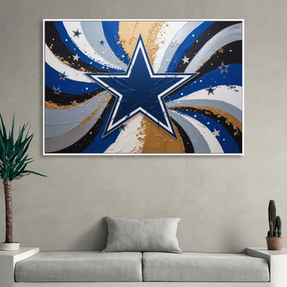 Dallas Cowboys Abstraction Energetic Team Spirit in Blue  Silver Living Room - White Canvas Wall Art