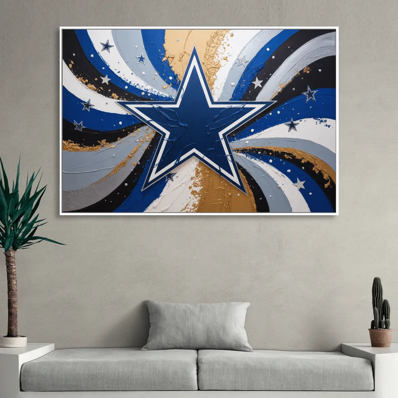 Dallas Cowboys Abstraction Energetic Team Spirit in Blue  Silver Living Room - White Canvas Wall Art