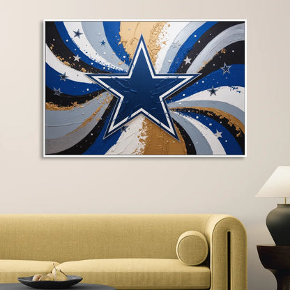 Dallas Cowboys Abstraction Energetic Team Spirit in Blue  Silver Sitting Room - White Canvas Wall Art