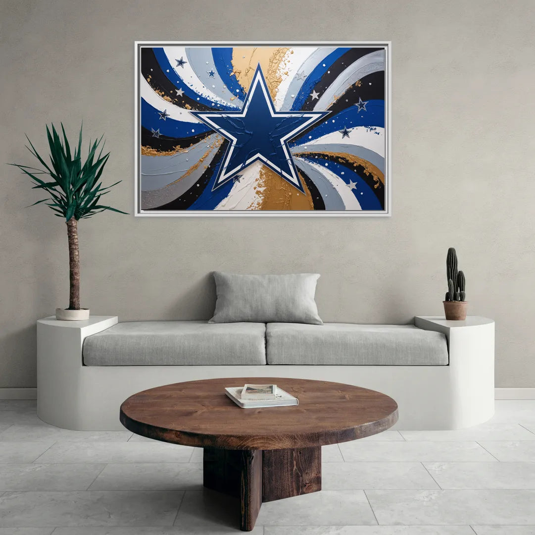 Dallas Cowboys Abstraction Energetic Team Spirit in Blue  Silver - Living Room White Frame Canvas