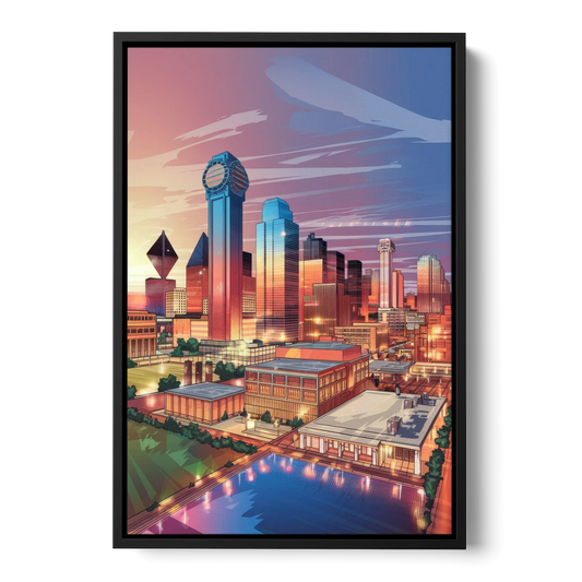 Dallas Downtown Views - Black Framed Canvas Wall Art - Front