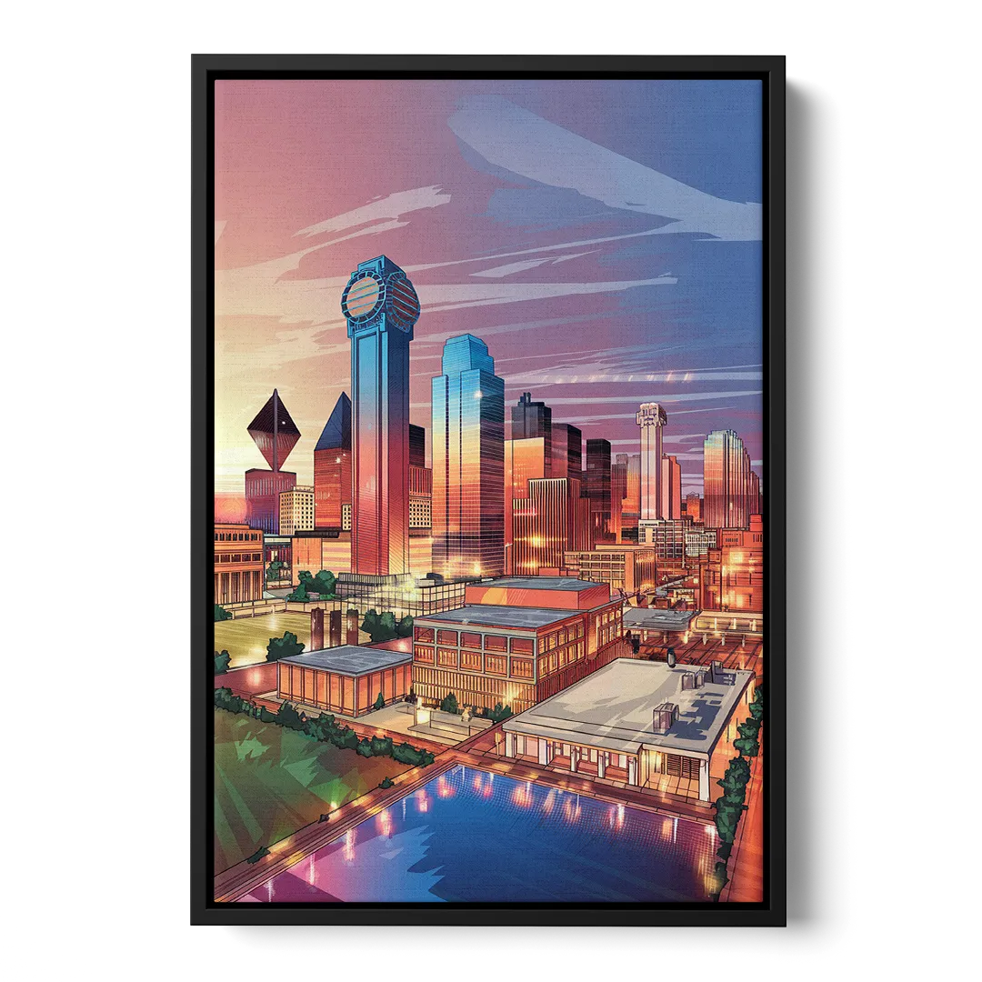 Dallas Downtown Views Front - Black Canvas Wall Art